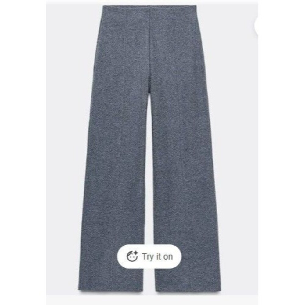 Zara Women’s Grey Marl Soft Seam knit High Waist Wide-Leg Trousers Pants Size L